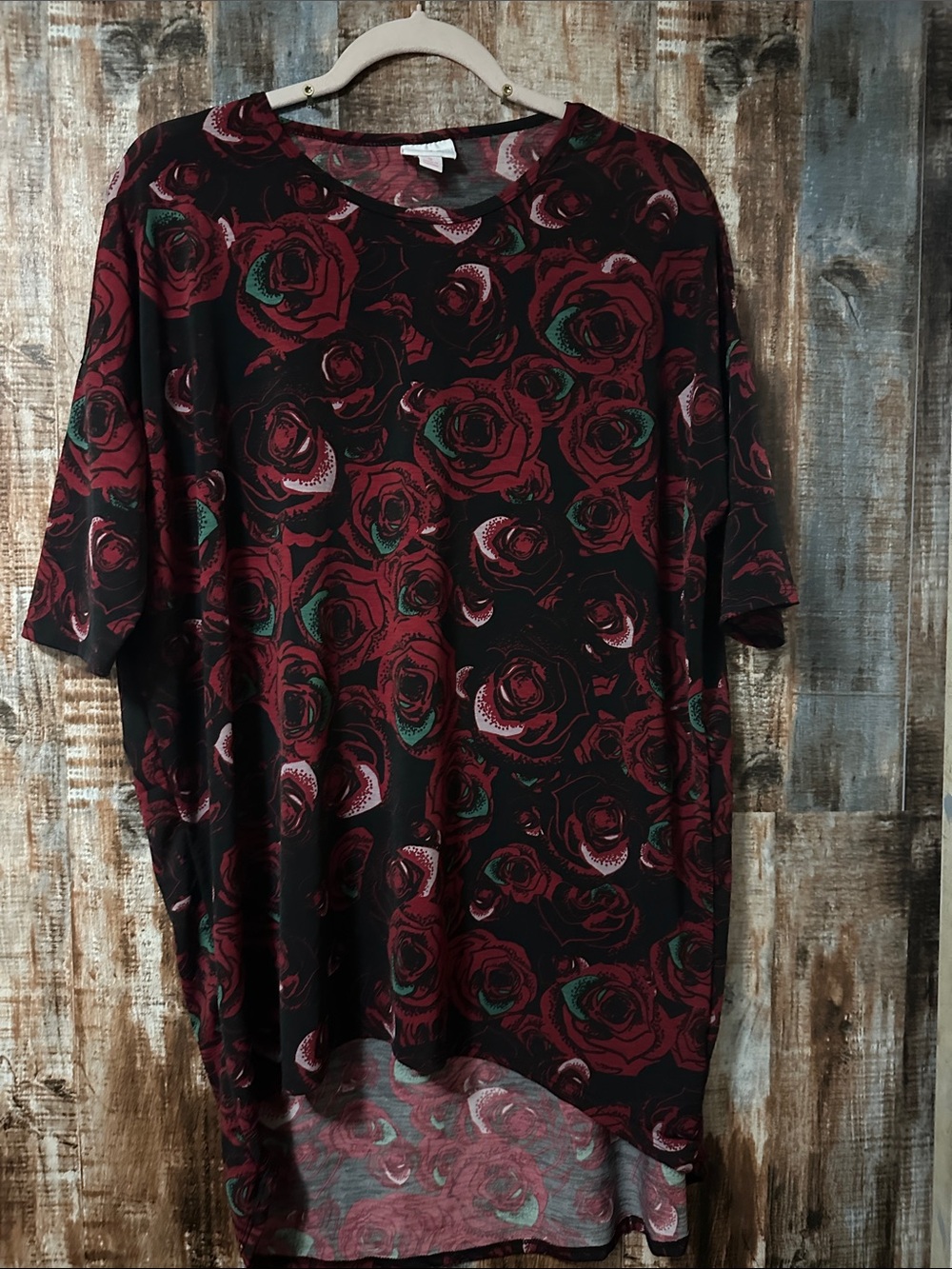 LuLaRoe Women's Rose Print Tunic - Black and Burgundy with Green Accents